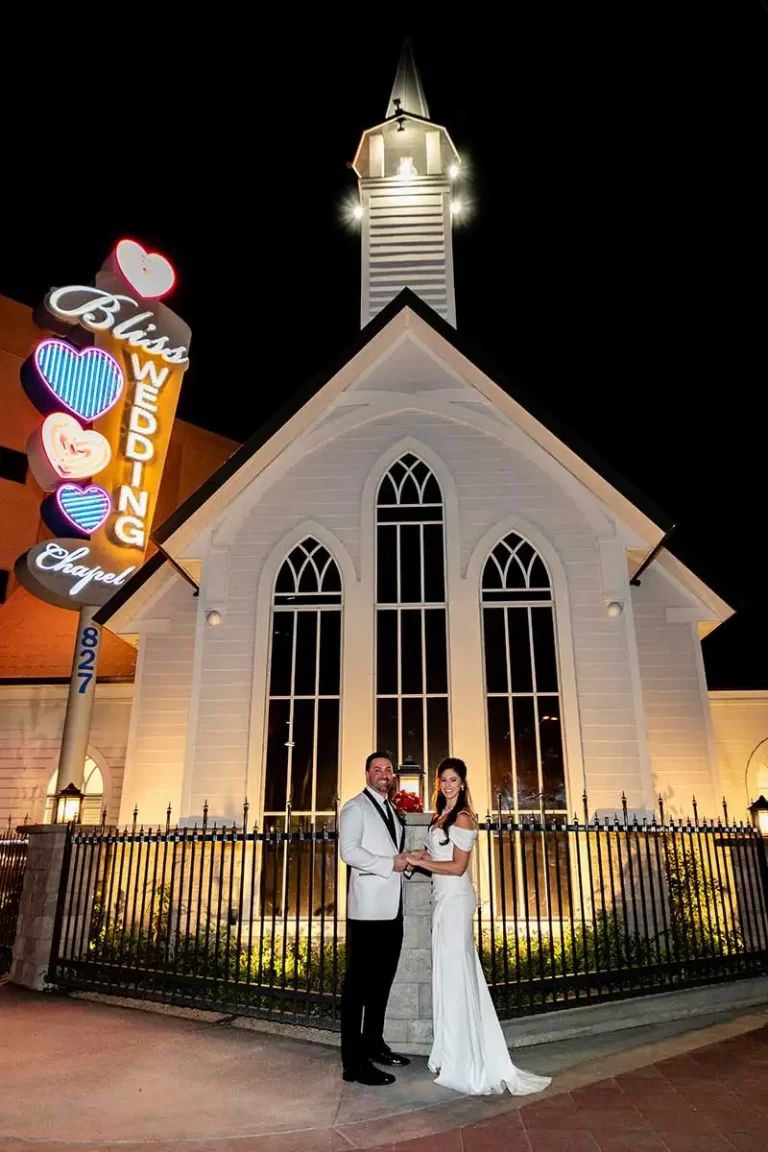 Las Vegas Wedding Couple outside Bliss Wedding Chapel at Night